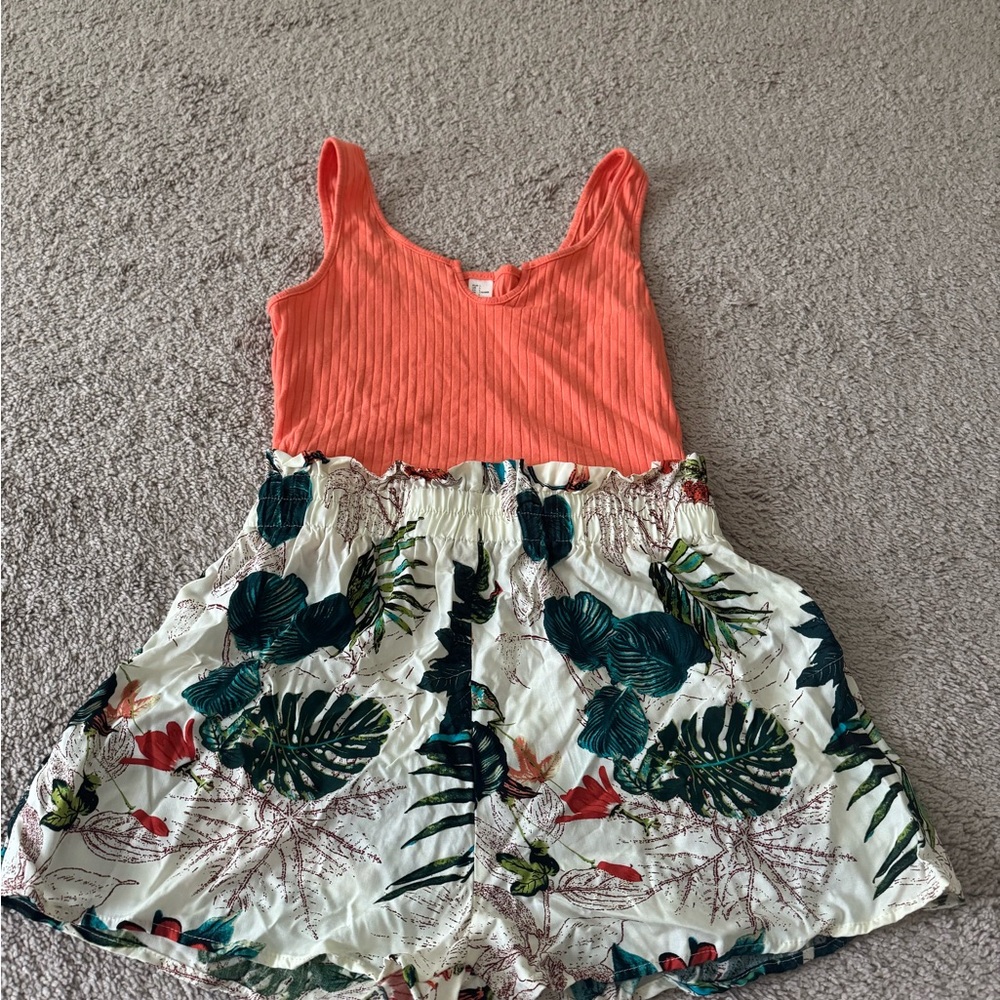 Tropical Print Romper with Coral Top